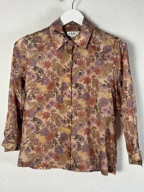 Bogari Womens Floral Silk Button-Up Blouse Shirt Small Multicolor Long Sleeve